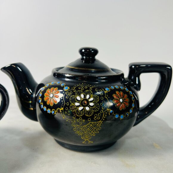 Vtg Japanese Black Ceramic Teapot & Redware Creamer Hand-Painted Floral Motifs - Picture 2 of 7